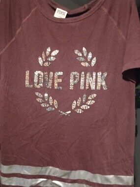 PINK Victoria's Secret Maroon Top with Silver Sequin Logo